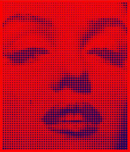 Marylin Monroe Closeup Dot Painting by Dimitri Likissas - Monochrome Blue on Red #1