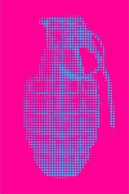 Hand Grenade Dot Painting by Dimitri Likissas - Monochrome Blue on Fuchsia #1